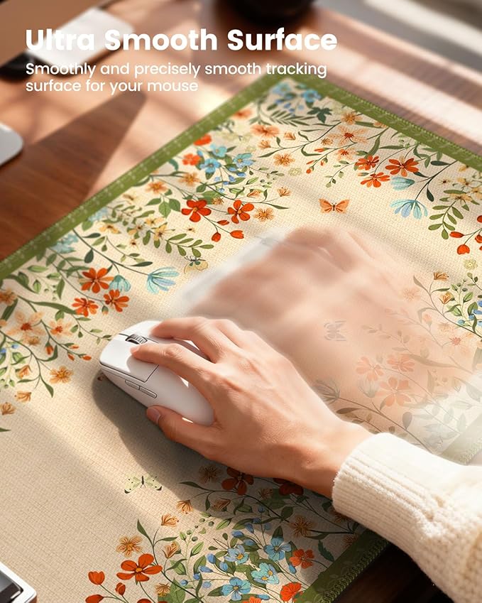 iCasso Desk Cover Mat, Extra Large Floral Mouse Pad,Desk Matt for Desktop Protector, Anti-Slip XXL Big Mousepad with Stitched Edges for Laptop Computer Keyboard(Apricot)