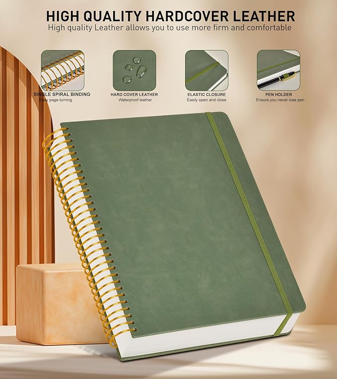 B5 Spiral Notebook Journal 7.6” x 10”, 300 Numbered Pages Hardcover Leather Journals for Women Men, Large Lined College Ruled Notebooks, 100GSM Thick Paper, Spiral Bound Journal for Work School, Green