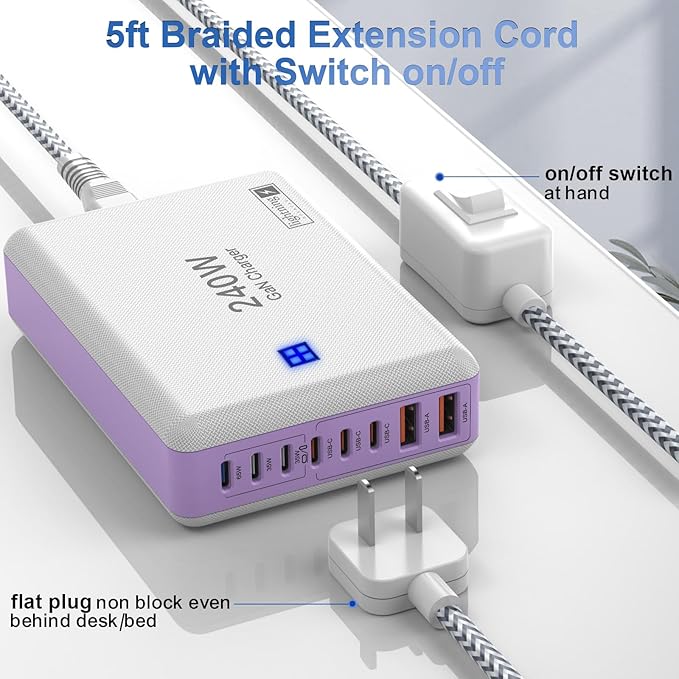 Type C Charger 240W, USB C Charger Block Fast Charging 8 Ports, PD 65W GaN III Laptop Charger Adapter Compatible with MacBook Pro/Air,DELL,Steam Deck,iPhone 15/14/13,Galaxy S23/22, More Gadgets