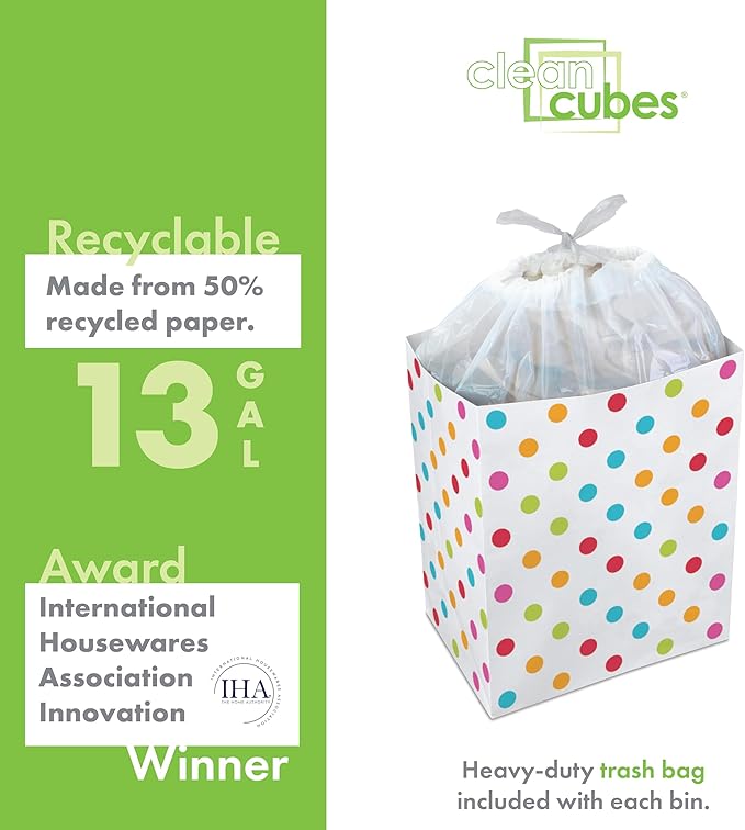 | 13 Gallon Disposable Trash Cans (6-Pack) with Fitted Trash Bags - Reusable Garbage and Recycling Bins for Parties, Events, and More (Polka Dot - 17" Height x 13.5" Width x 10" Depth)