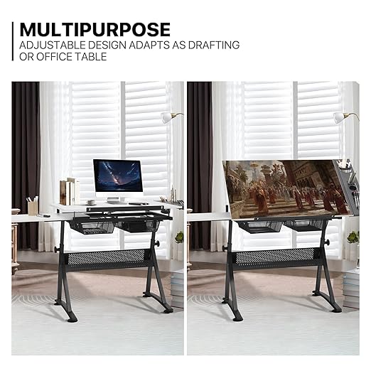 MoNiBloom Art Deco Drafting Table, Height-Adjustable, Tiltable Tabletop, Stool for Reading Writing Painting, Homeschooling Desk for Children with 2 Storage Drawers