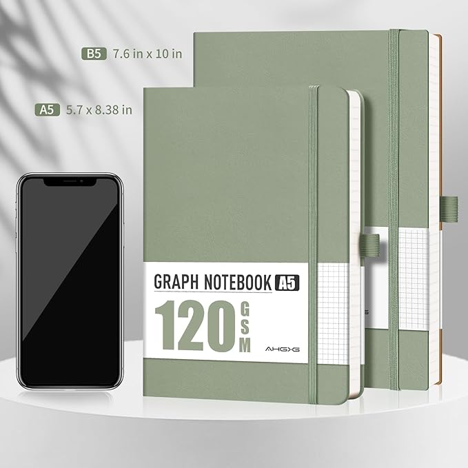 AHGXG Graph Paper Notebook - Grid Notebook Journal A5, 120 GSM Thick Graph Paper, 160 Pages, Leather Hardcover, for Graphing, Writing, Math, Engineering, 5.75'' × 8.38''- Sage Green