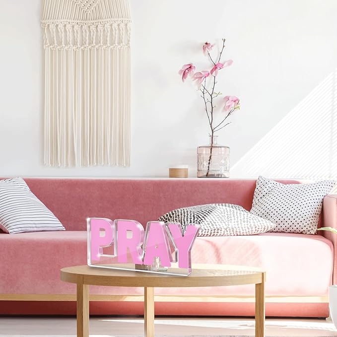 Pink Inspirational Pray Decoration, Office Desk Accessories Decor Sign, Pink Standing Peace Desk Decor for Dorm Room Bathroom Office, 3D Pray Christian Bible Verse, Gifts for Women Mom Sister Friend