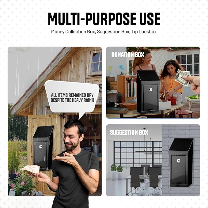 Metal Donation Box-Suggestion Box with Slot and lock-Cash Lock box for Money-Waterproof Drop Box-Comment and ballot voting box-comes with pre-drilled holes for easy wall mounting 10x6x2.5"(Black)