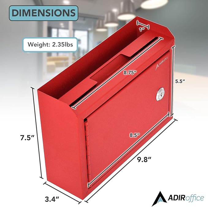 Adir Suggestion Box with Lock and Slot, Wall Mount Deposit Box for Payment and Checks, Office Mail Box for Employees, Money Drop Box with Keys, Drop Safe Box - 9.75x7x3 Inch Red