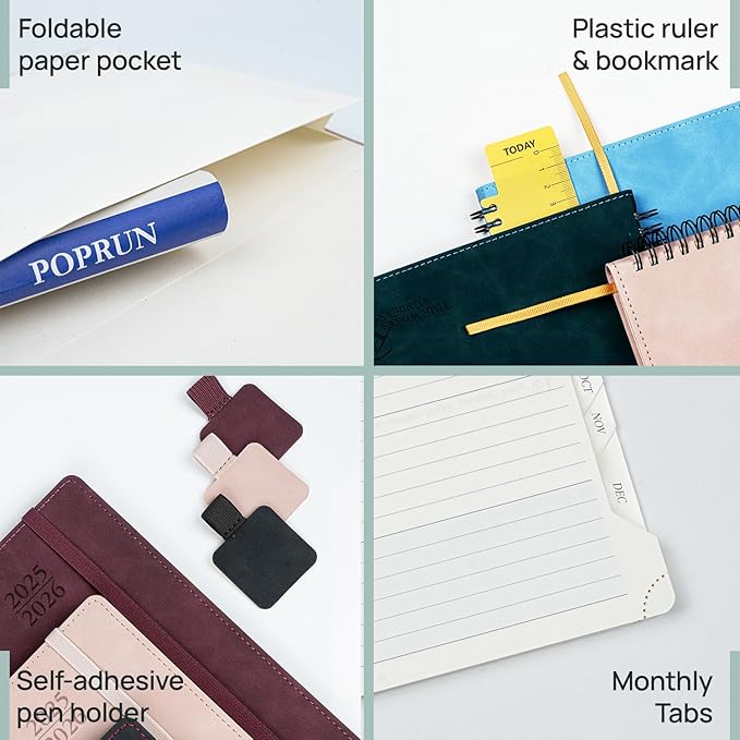 POPRUN Planner 2025-2026 Weekly Notebook (Medium 8.5''x 6.5''), Academic Calendar (JUL.25 - JUN.26) Appointment Book with Monthly Tabs, Spiral Soft Cover, Inner Pocket, 100 GSM - Claret