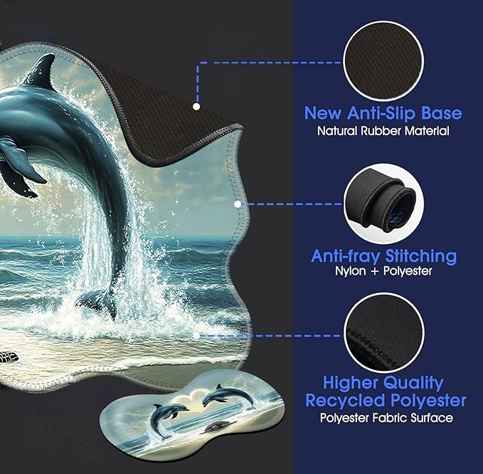 Large Mouse Pad and Keyboard Wrist Rest, Desk Pad for Keyboard and Mouse, 4-in-1 Large Gaming Mouse Pad with Wrist Support, Desk Mat for Home Office Study Game-Dolphins and Sea Turtle