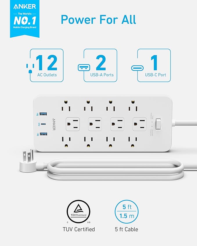 Anker Power Strip with 3 USB Ports, Surge Protector (2100J-5ft), 12 Outlets with 2 USB-A Ports and 1 USB-C Port,Flat Plug, Works with iPhone 16/16 Plus/16 Pro/16 Pro Max,for Home,Office, TUV Listed