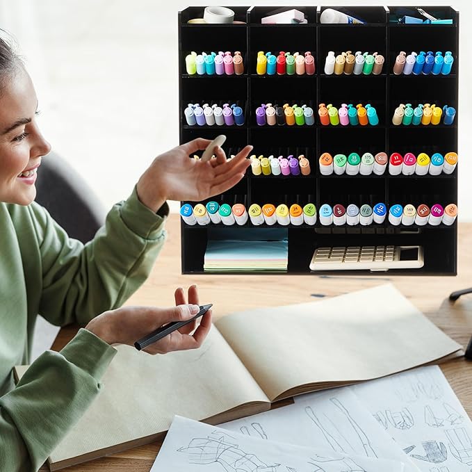 Acrylic Pen Organizer Storage for 250 Markers Vertical Marker Organizer Acrylic Pen Display Holder for Office Desk Desktop Stationery Pencil Storage, Black, 13 x 4 x 12.4 Inch