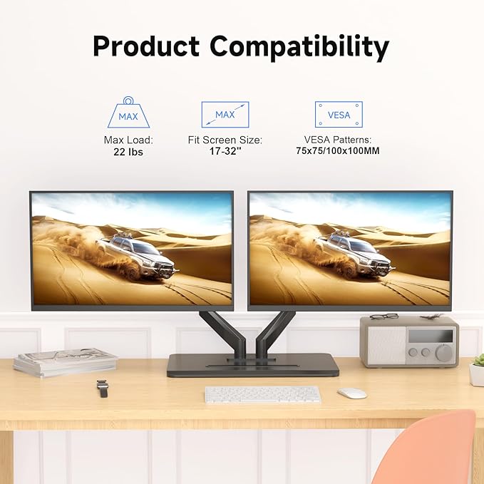 suptek Dual Monitor Mount Gas Spring Monitor Arm Desk Stand with Base,Free Standing Pneumatic Height Adjustable Monitor Stand for 17 to 32 inch,Holds up to 22 lbs,Black(ML8SP)