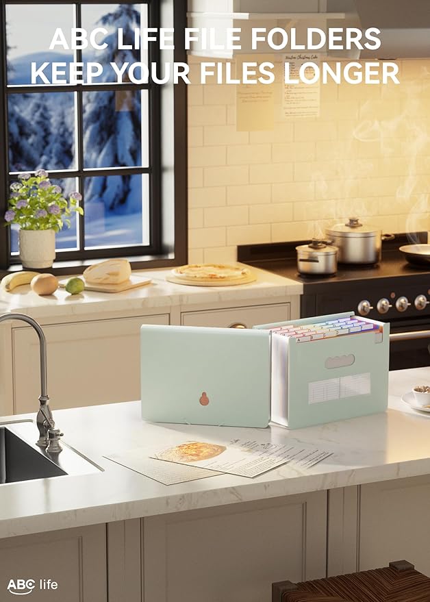 ABC life 26 Pockets Accordian File Organizer Expanding File Folders, Portable Letter A4 Size Filing Box,Plastic Monthly Receipt Document Organizer with Colored Tabs (Sage Green)