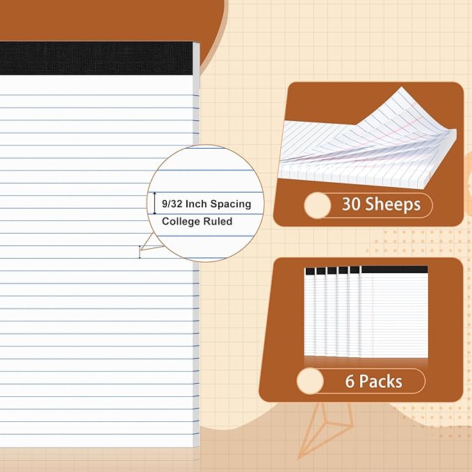 Legal Pads 8.5 X11.75, Narrow Ruled Notepads, 6 Pack, 30 Sheet/Pad, White Legal Pads, Tear Off Notepad, Perforated Writing Pad, Notebook Paper College Ruled, Notepads for Office Home School, Notepad