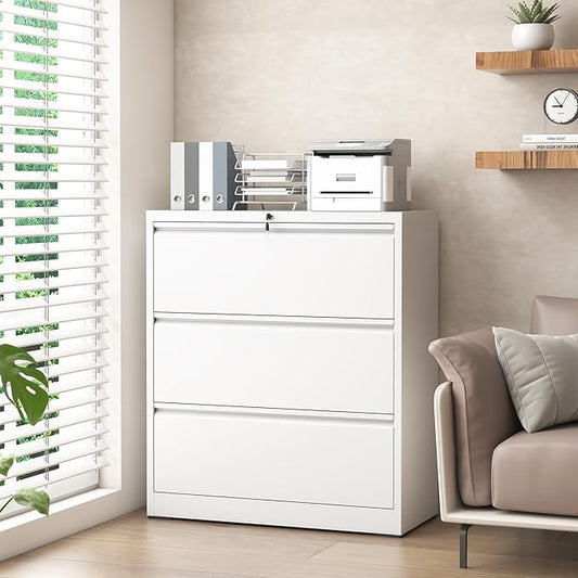 Lateral File Cabinet with Lock, 3 Drawer Metal File Cabinets for Home Office, Large Filing Storage Cabinet Printer Stand, Steel Wide File Cabinet for Legal/A4/F4/Letter Size Files, White