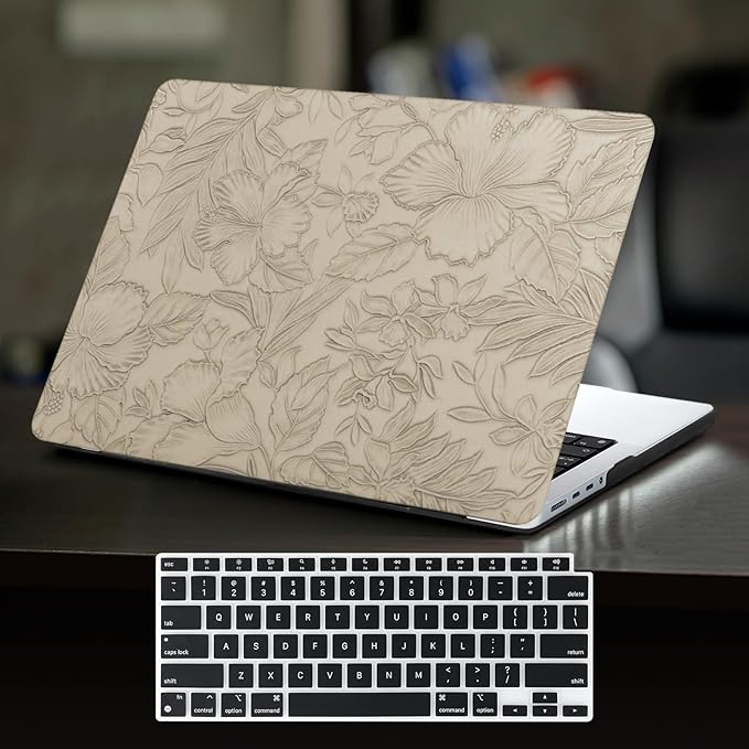 DTangLsm for MacBook Air 13 inch Case 2025 2024-2022 Release M4 A3240 M3 A3113 M2 A2681, Retro Leather Hard Shell Elegant Textured Case for MacBook Air 13.6 inch+Keyboard Cover,Apricot Embossed Floral