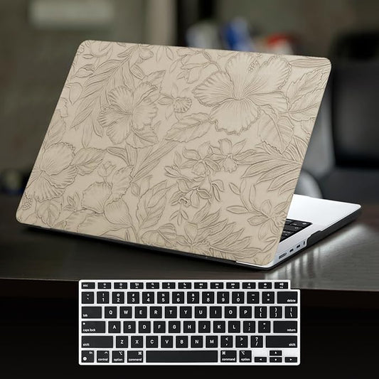 DTangLsm for MacBook Air 13 inch Case 2025 2024-2022 Release M4 A3240 M3 A3113 M2 A2681, Retro Leather Hard Shell Elegant Textured Case for MacBook Air 13.6 inch+Keyboard Cover,Apricot Embossed Floral