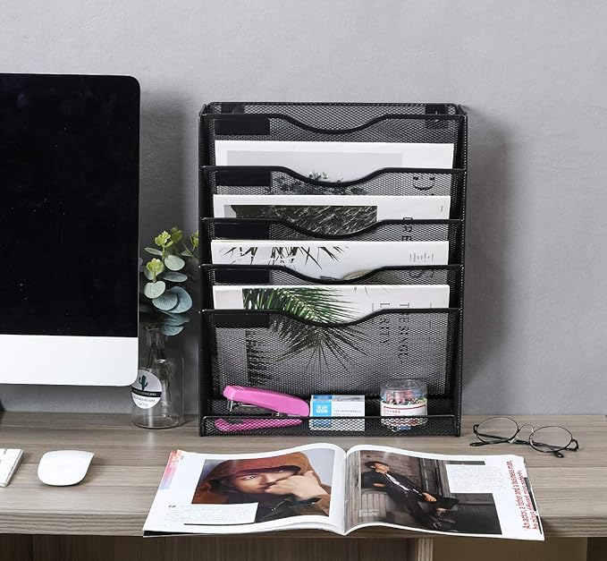 EasyPAG 5-Tier Wall File Holder, Mesh Hanging Folder Organizer with Classify Label, Versatile Desk File Organizer for Office Home, Space-Saving Vertical Wall Mounted Mail Paper Sorter, Black