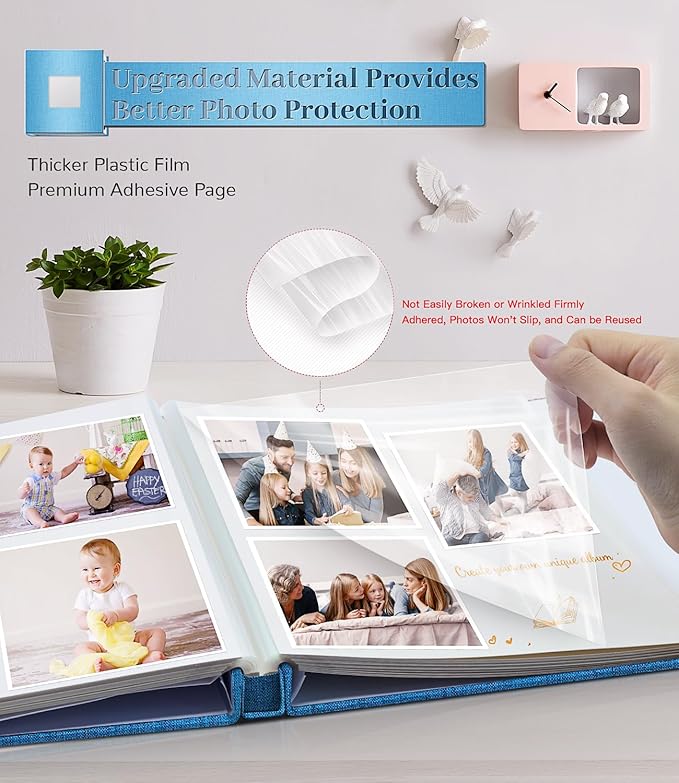 Photo Album Self Adhesive Scrapbook Album for 3x5 4x6 5x7 8x10 Pictures,120 Pages Linen Cover with Display Window DIY Photo Book,Ideal Gifts for Family Travel Wedding Baby