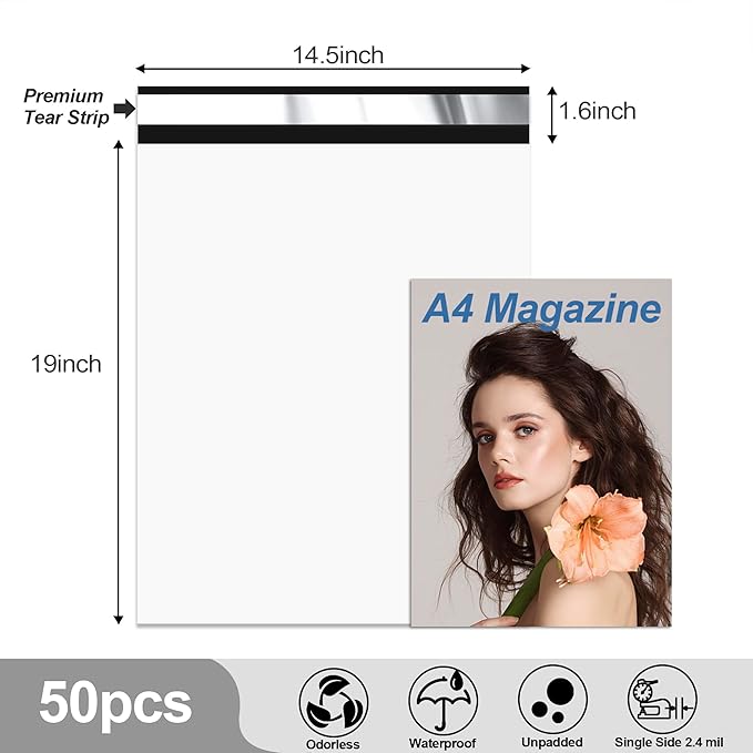JinRuiKJ Thank You Poly Mailer 14.5x19 Inch 50 PCS, Shipping Bags for Clothing, Packaging Bags for Small Business, Strong Adhensive, Waterproof and Tear-Resistant Mailing Envelopes, White