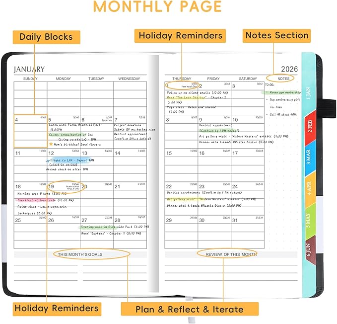 2026 Planner, A5 (5.6"x 8.5") Planner 2026 Jan-Dec, Monthly/Weekly/Daily Tabs with Contacts & Holidays, PU Leather Cover & 100gsm Paper, Organizer for School and Business Supplies (Black)