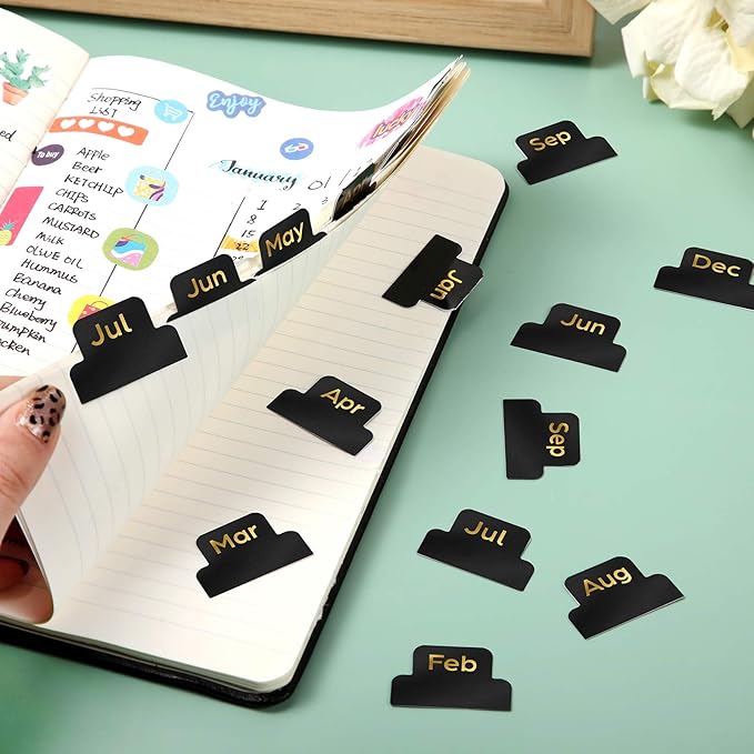 72 Pieces Adhesive Monthly Planner Tabs Monthly Index Stickers Decorative Label Calendar Stickers for Office Study Planner Journal Notebook Back to School Accessories(Black)