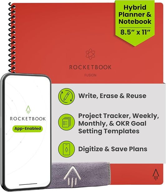 Rocketbook Fusion Reusable Undated Productivity Planner, Letter Size 8.5x11, Red - Goals, Monthly and Weekly Calendar, Daily To-do List, Lined and Dotted Notes Pages