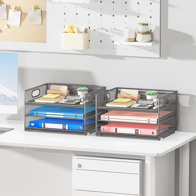 Subekyu 2-Pack 3-Tier Gray Metal Mesh Desk Paper Letter Tray & File Sorter Organizer with Handle + 1 Sliding Tray for Desk, Home, Office, School Supplies, A4 Paper and Accessories Storage