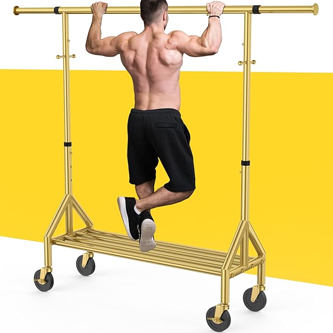 Upgraded 100% Stainless Steel Clothing Rack Load 760LBS, Heavy Duty Clothes Racks with Larger & Sturdy Wheel, Extendable & Adjustable Rolling Garment with Shelves (1 Single Rod, Gold)