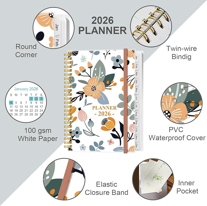 2026 Planner - Planner 2026 from January 2026 to December 2026, Weekly & Monthly Planners Spiral Bound with 12 Monthly Tabs, Inner Pocket, 6.4" x 8.5", Rose