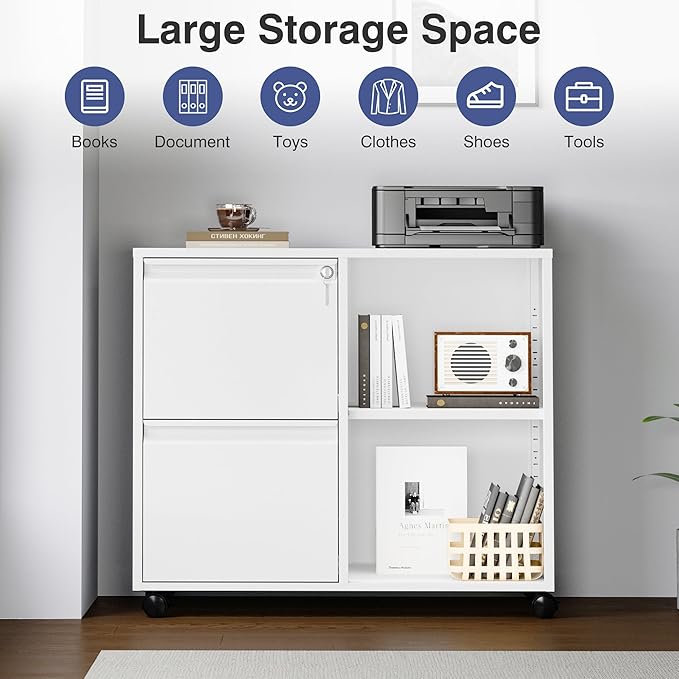 Metal File Cabinet,Lockable Lateral Filing Cabinet for Letter/A4 Size Files,Rolling Printer Stand with Adjustable Shelf & Lockable Wheelss for Home Office(White)