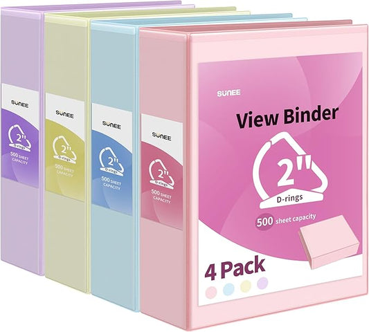 SUNEE 3 Ring Binder 2 Inch, Clear View Binder Three Ring PVC-Free (Fit 8.5x11 Inches) for School or Office Supplies, Assorted Pastel, 4 Pack