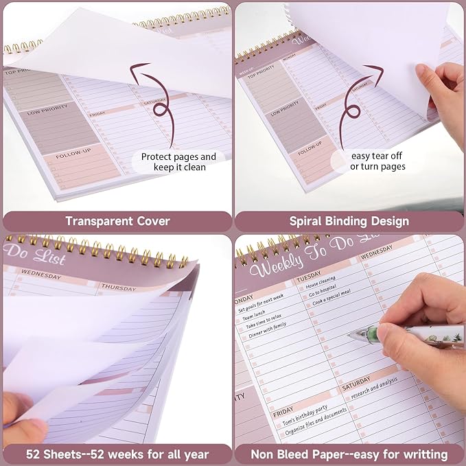 Weekly To Do List Notepad, 8.5''x11'' Weekly Desk Planner with 52 Tear Off Sheets Undated Weekly Planner Habit Tracker & Productivity Organizer for Home School and Work, Lilac