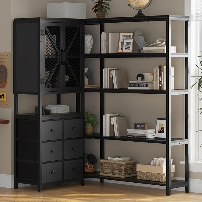 Corner Bookshelf, 5 Tier Industrial Convertible Bookshelf with 6 Fabric Drawers, Corner Bookcase Large L Shaped Storage Display Shelf for Home Office, Living Room, Kitchen, Black