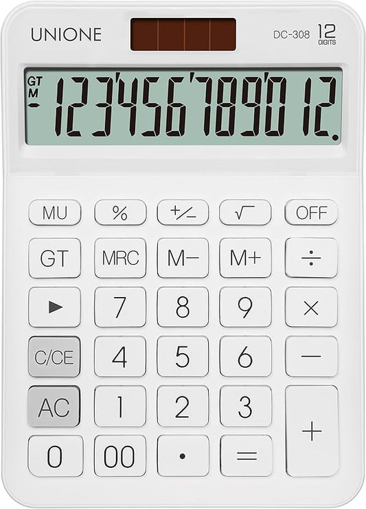 UNIONE Big Size Calculator with a Bright LCD, Dual Power Handheld Desktop. Color. Business, Office, High School 5×7in (WHITE)
