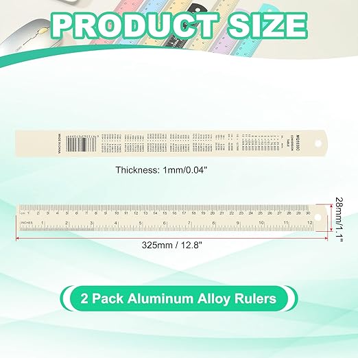 PATIKIL 30cm/12 Metal Ruler, 2 Pack Aluminum Alloy Rulers with Centimeters, Millimeters, Inches and Conversion Table Straight Edge Ruler for Writing Machinist Drafting, Beige