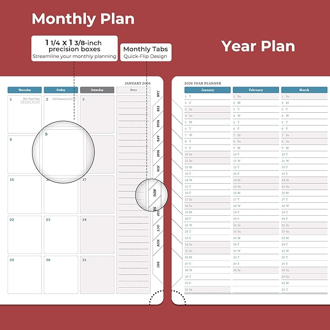 Planner 2026 Daily Weekly and Monthly,11.5"x8.5",12 Months Spiral Bound Calendar Agenda with Self-adhesive Pen Holder,2026 Appointment Book with Vegan Leather Soft Cover,Red