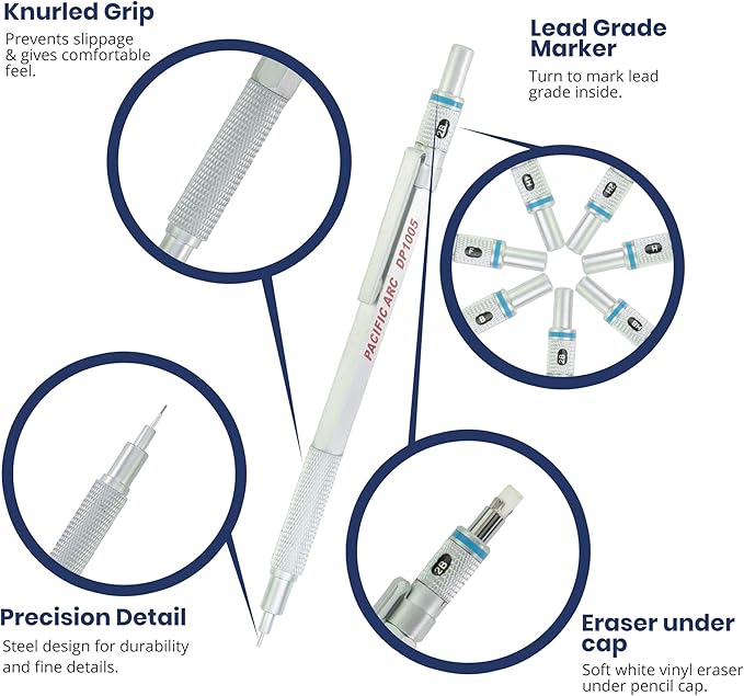 Pacific Arc Chromagraph Metal Mechanical Pencil .5 mm Silver Barrel Mechanical Pencil with Built In Lead Pencil Grade Indicator, Lead Pencil Holder for Drafting, Sketching, and Drawing
