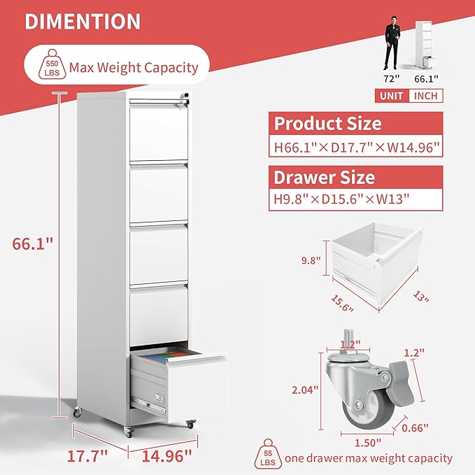 5 Drawer File Cabinet with Wheels,Metal Mobile Filing Cabinets with Lock,Vertical File Cabinet for Home Office,Heavy Duty Storage Cabinet for A4/Letter/Legal Size File,Assembly Required