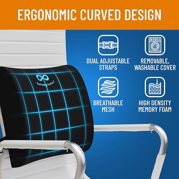 Everlasting Comfort Lumbar Support Pillow for Office Chair - Memory Foam Back Cushion for Car Seat - Promotes Better Posture, Back Pain Relief - Ideal Gaming and Desk Chairs Work and Home Essentials