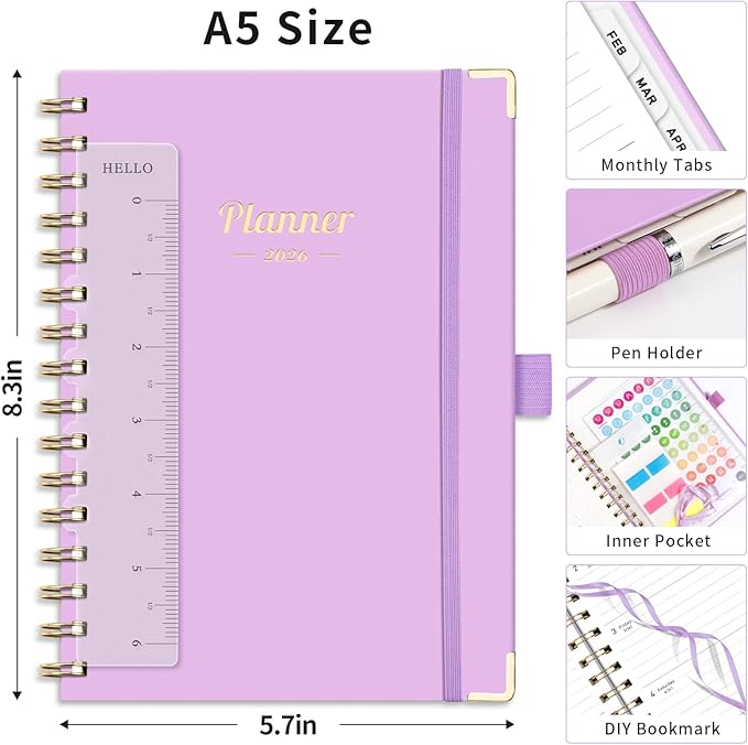 AHGXG 2026 Planner, Weekly and Monthly, 2026 Calendar, Jan 2026 - Dec 2026, Hardcover with Monthly Tabs, 100 GSM Thick Paper, for Women School Home Office Supplies, 6" X 8.38", Purple