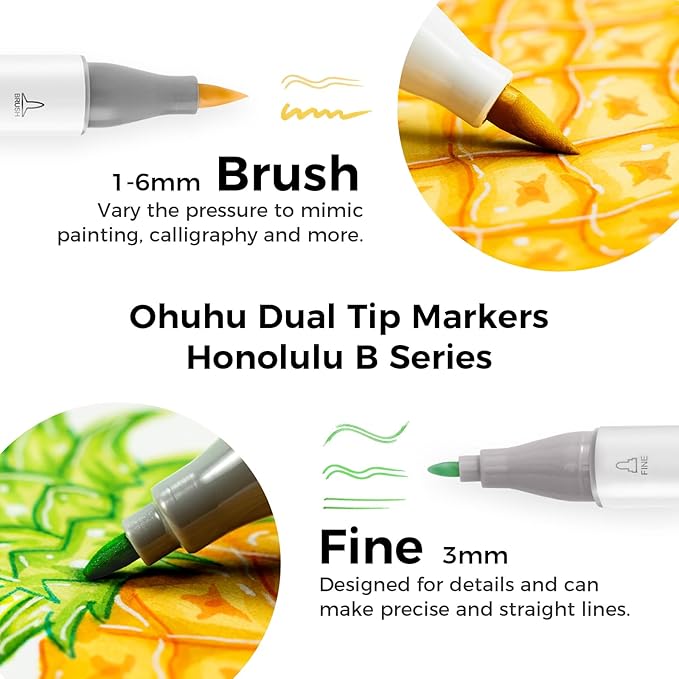 Ohuhu Alcohol Markers Brush Tip -Double Tipped Art Marker Set for Artist Adults Coloring Illustration -120 Colors -Brush &Fine -Honolulu B-Refillable