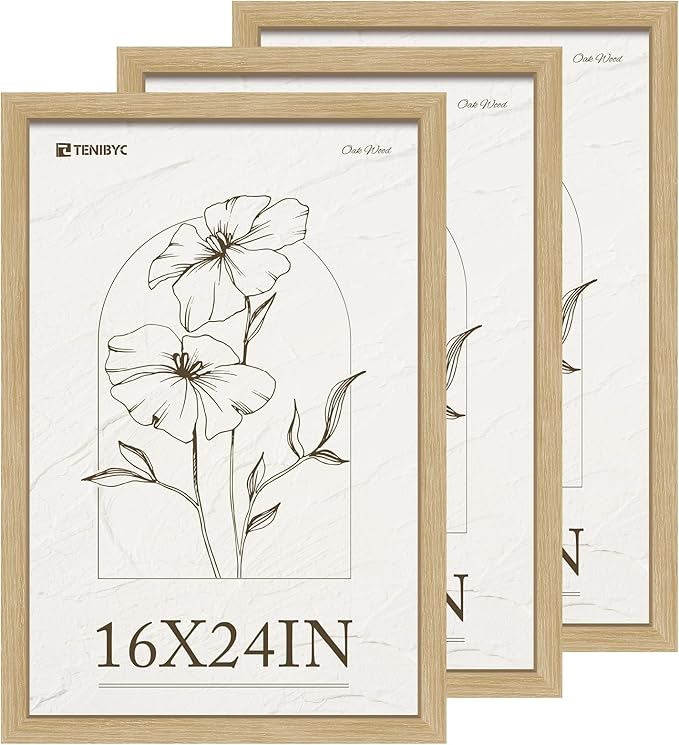 16x24 Frame Set of 3, Natural Oak Wood Grain, Wall Hanging Picture Frame for Photos, Posters, Paintings & Puzzles