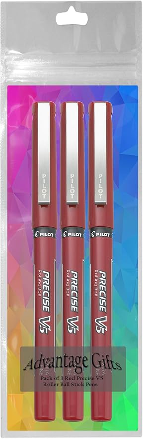 Precise V5 Stick Rolling Ball Pens, Extra Fine Point (.5mm), Red Ink, 3-pk; Bundle with Plastic Reusable Pouch
