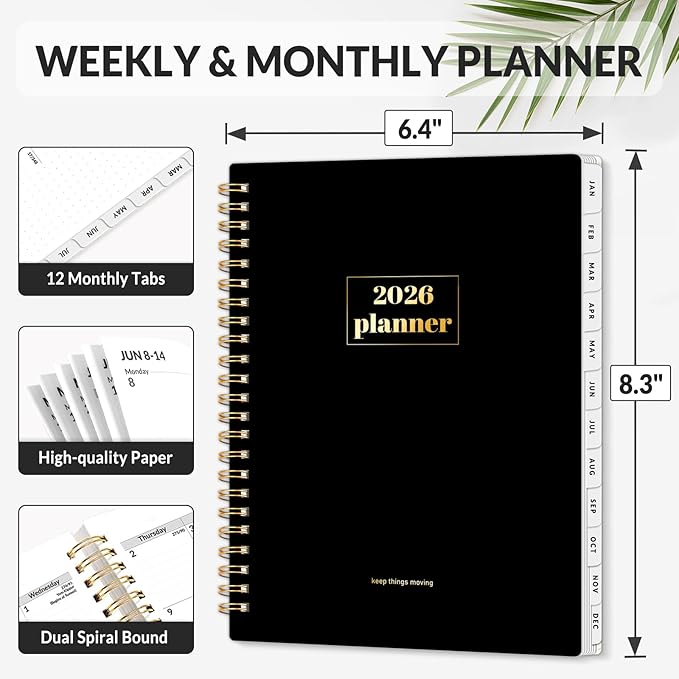 SUNEE 2026 Planner Weekly and Monthly Calendar Planner, January 2026-December 2026, Daily Agenda 6.4"x8.3", Tabs, Note Pages, Spiral Binding, Black