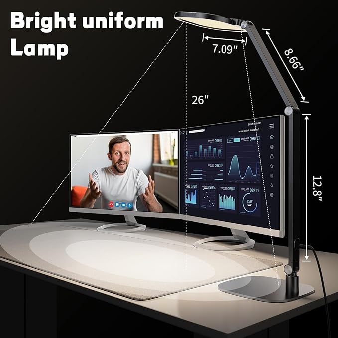 LED Desk Lamp for Home Office, Desk Light for Video Call, 3 Color Temperature 10 Brightness Computer Light, Dimmable Led Desk Light with Memory & Timer Func, Metal Swing Arm Architect Desk Lamp White