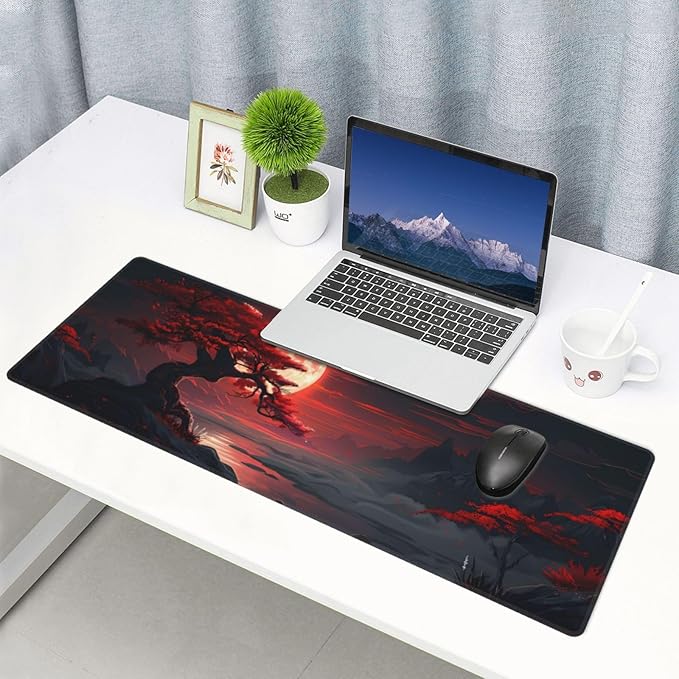 Extended Gaming Mouse Pad, Large Desk Mat XL Anime Mouse Pad Waterproof with Stitched Edges, Non-Slip Desktop Pad for Home and Office, Level Up Your 31.5x11.8 Inch (Darkness Red Moon)