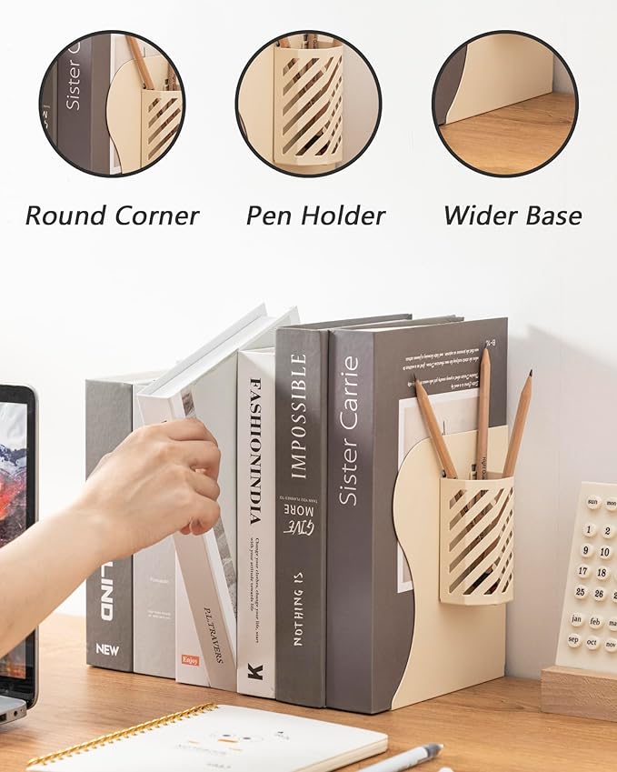 Kingsmile Book Ends, Adjustable Bookends for Shelves, Metal Bookends for Heavy Books, Book Stopper Organzier with Pen Holder for Desk, Kids Room, Office, Classroom, Library, Study Room.(Light Beige)