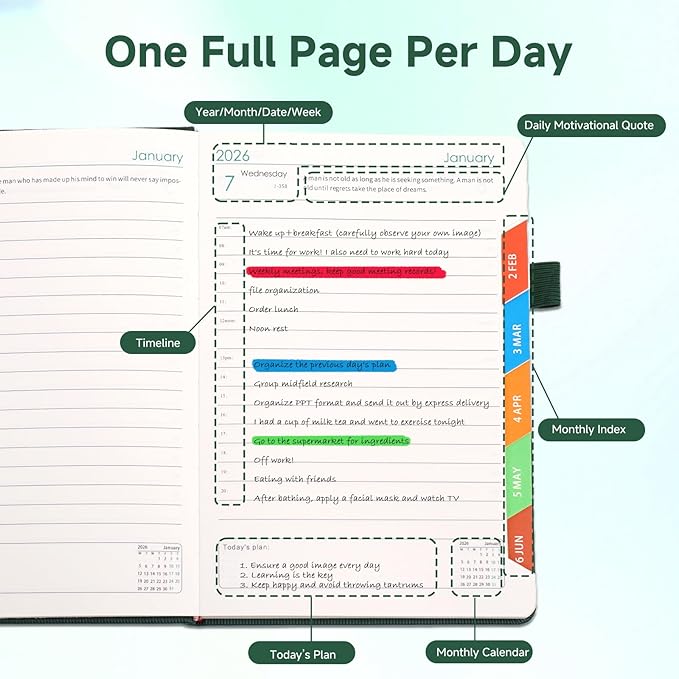 Picoway 2026 Planner A5 400 Pages - Weekly and Monthly Daily Calendar with Thick Paper, One Full Page Per Day Planners from Jan. 2026 - Dec. 2026, Hardcover Notebook ，8.3" x 5.7" (Dark Green)