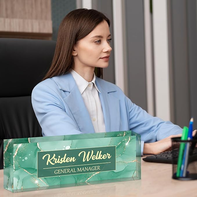 Ship Next Day-Custom Name Plate for Desk, Desk Name Plate Personalized, Acrylic Office Desk Accessories, Appreciation Gifts for Coworkers Employee Teachers Boss Women Men (Green Coast)