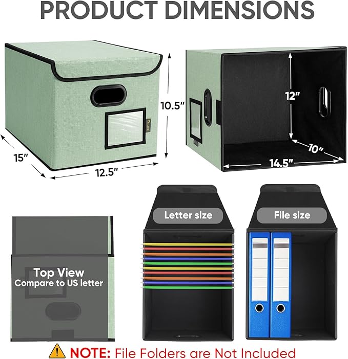 BALEINE File Organizer Box with Lid, Collapsible File Folder Organizer with Plastic Slide, Hanging File Folder Box for Office Document Storage (2 Pack, Green)