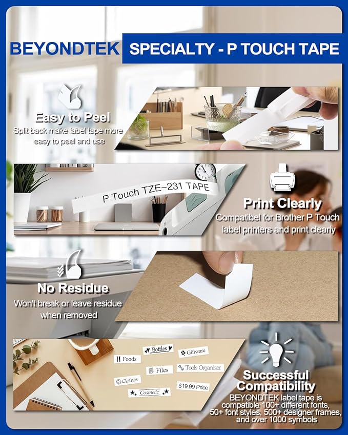 PTD210 Tape TZe131 TZe231 TZe431 TZe531 TZe631 TZe731 P Touch Label Tape 12mm 0.47 Laminated Tape Compatible P-Touch PTH110 PTH100 PTD210 PTD200 PTD400AD PTD600 Label Maker (6 Pack Combo Set)